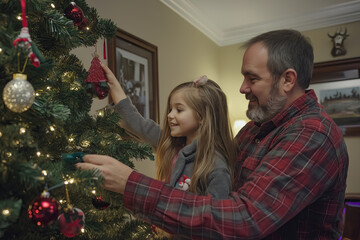 Father and daughter decorate a Christmas tree