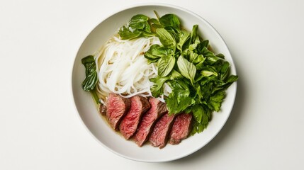 A beautifully plated serving of Vietnamese pho with rice noodles, fresh herbs, and slices of beef, set against a white background to capture the dish's aromatic and colorful appeal