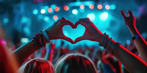 A crowd at a concert with someone making a heart shape with their hands.