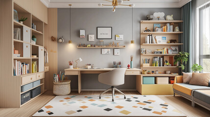 modern kitchen interior, modern living room, A spacious children's room with a style desk made of light wood, paired with a matching chair. The room has soft gray walls