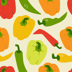 Pepper seamless pattern. Fresh paprika and chili vegetable print for kitchen, menu, food package design. Hand drawn flat vector illustration. Healthy cute spicy organic product.