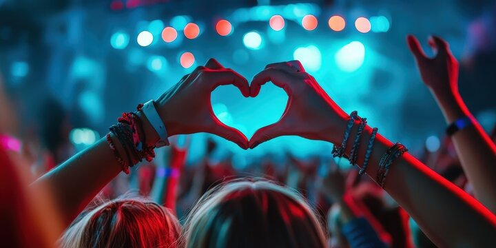 A crowd at a concert with someone making a heart shape with their hands. - Powered by Adobe