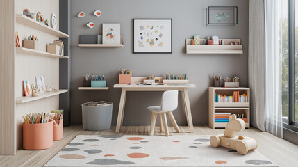 Obraz premium kitchen interior, modern living room, A spacious children's room with a style desk made of light wood, paired with a matching chair. The room has soft gray walls