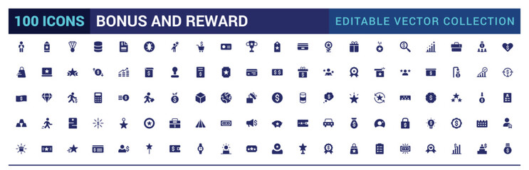 Bonus and reward icon set. Related to loyalty, benefit and prize filled icons. Filled icon set, glyph icon set for web and ui. Editable stroke. Solid icon set. Vector illustration.