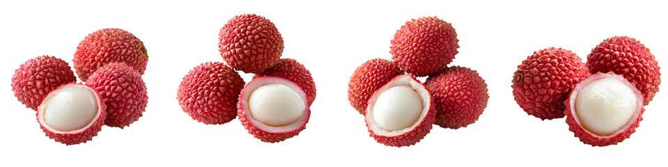 set of A few fresh and plump lychees, with the top one open to reveal its white core inside. The fruit is red in color on a transparent background