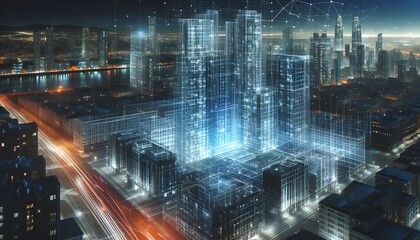 Obraz premium Futuristic Architectural Design Projection Overlay on City Block Under Construction at Night, Wireframe Hologram Building Visualization