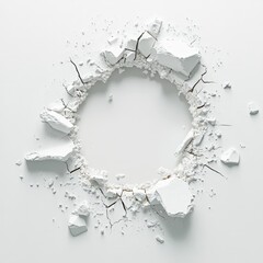 Clean Breakthrough of White Wall with Rubble and Fractured Edges