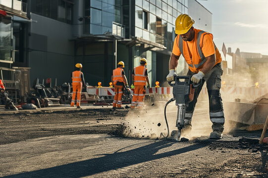 A labourer working on road construction with an air hammer.
