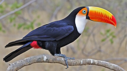 Obraz premium Colorful Toucan Perched on a Branch, Showcasing Its Vibrant Plumage and Large, Distinctive Beak. 