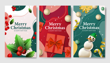 Merry Christmas and Happy New Year vector set poster design. Christmas holiday cards collection. Vector illustration xmas season promotion
