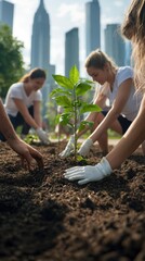 A group of diverse people planting trees in a community park, with a city skyline in the background, realistic photograph,