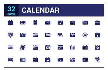Calendar icon collection. Containing date, schedule, month, week and more, filled icon set, glyph icon set for web and ui. Editable stroke. Solid icon set. Vector illustration.