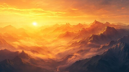 Naklejka premium A breathtaking sunrise over a mountain range, with the first light of day casting a golden glow on the peaks and mist swirling in the valleys below, creating a serene and majestic scene