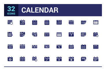 Calendar icon collection. Containing date, schedule, month, week and more, filled icon set, glyph icon set for web and ui. Editable stroke. Solid icon set. Vector illustration.