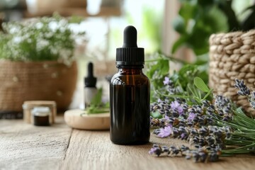 A dropper bottle surrounded by lavender flowers and greenery, suggesting natural remedies.