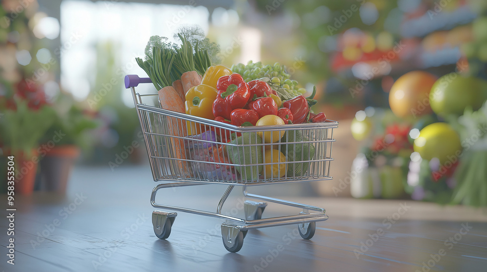 Wall mural shopping cart with vegetables, shopping cart with vegetables, shopping cart may be filled with groce