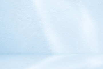 Blue Background Studio with Gradient White Light on Podium stage for Product Display Present,Empty Backdrop wall texture with abstract sun light on floor concrete in pastel blue tone color for Winter