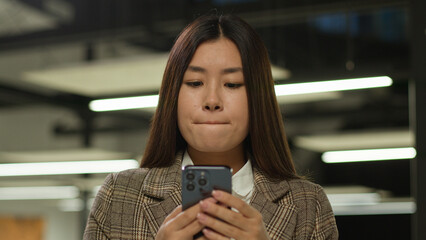 Sad frustrated frown failure stressed upset Asian woman business worker user Japanese student girl...