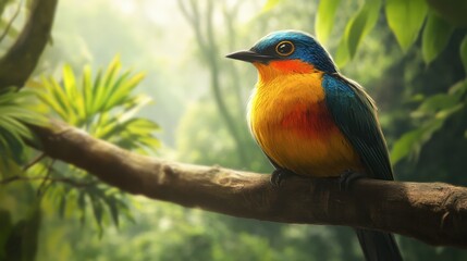 Obraz premium A close-up of a beautiful bird with vibrant plumage, perched on a tree branch in a lush forest.
