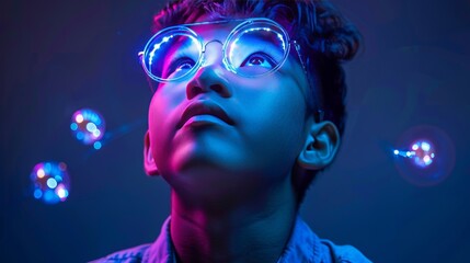 Boy Child In Futuristic Glasses And Neon Lights Looking Up With Wonder, Technology Concept