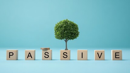 Wooden block passive and tree for income and investment on blue background.