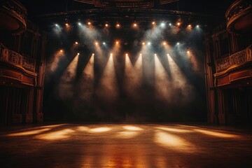 An empty theater stage with dramatic lighting, featuring multiple spotlights that illuminate the stage floor. The atmosphere is set with a dark background, enhancing the focus on the stage area , ai