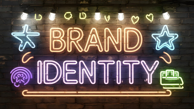  A glowing neon signboard with customizable logos and taglines, representing the diverse elements of brand identity.