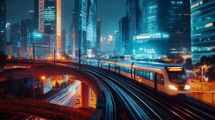 Obraz premium A busy cityscape featuring an electric train traveling through an elevated track, with skyscrapers and urban infrastructure in the background, capturing the integration of modern transit.