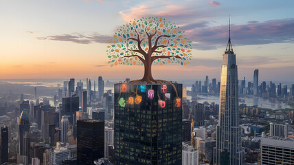 Obraz premium A tree growing out of a skyscraper’s roof, with digital leaves representing various CSR initiatives and community projects.