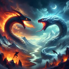 Ice sneak and fire sneak with beautiful landscape nature fantasy