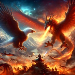 Hawk and Dragon fire war with beautiful landscape nature fantasy