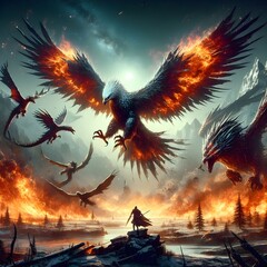 Hawk war fire with beautiful landscape fantasy nature