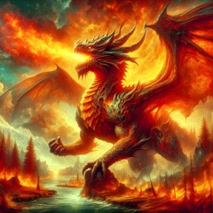 Big and strong dragon fire with beautiful landscape nature fantasy