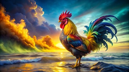 Fototapeta premium A rooster floating on the ocean, its form accentuated with 3D effects. The rooster’s back should be adorned with a vibrant, 3D yellow smoke that transitions through a spectrum of colors.