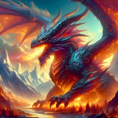 strong fire dragon with beautiful landscape fantasy big wing