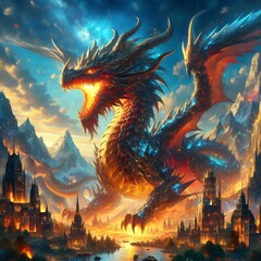 dragon in the night with fire beautiful landscape fantasy and strong wings