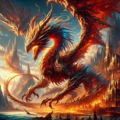 red dragon in the sky with beautiful landscape fantasy flying wings