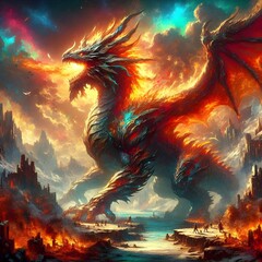 landscape with dragon and fire fantasy landscape flying wings