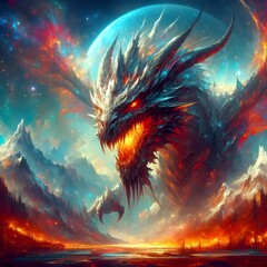 landscape fantasy with clouds and moon big strong dragon fire