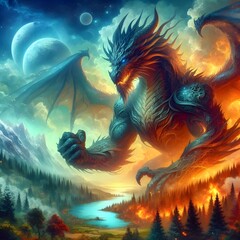 landscape with a dragon big and stronger fire and winter moon