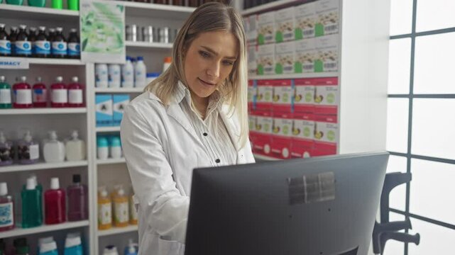 A beautiful blonde adult woman working on a computer in a well-organized pharmacy or store interior, surrounded by various colorful products on shelves and light coming through a window.