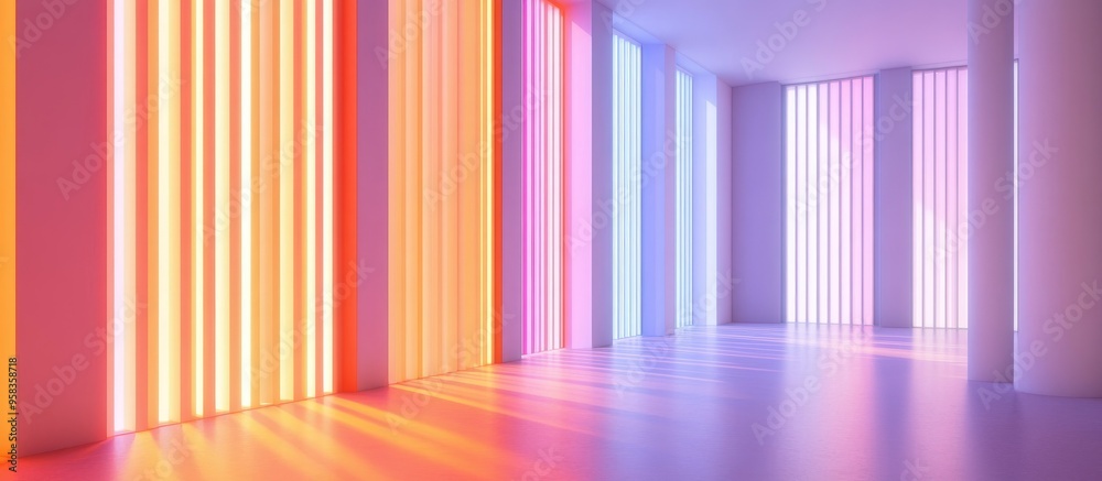 Wall mural 3D rendering of windows with brise soleil creating vertical stripes of sunlight