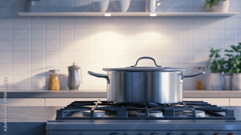 Sticker 3D rendering of an elegant kitchen featuring a pot