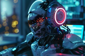 Fototapeta premium Cyberpunk robot wearing a hologram projector, creating digital art, 3D render, created by ai