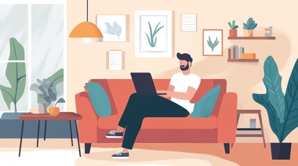 Man Working On Laptop In Cozy Living Room