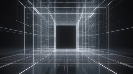 3D rendering of an empty futuristic digital wall box set against a grey black background featuring a white grid space line surface depicting network cyber technology elements