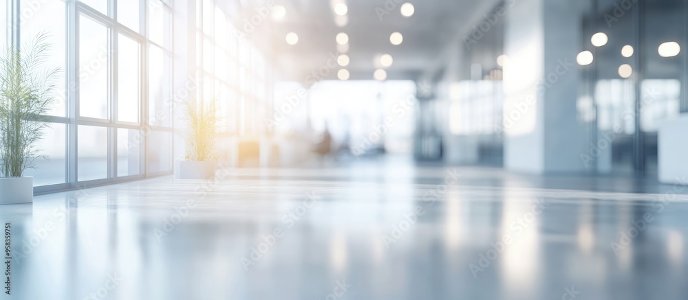 Poster 3d rendering of a blurred empty open space office with abstract light bokeh in the interior backgrou