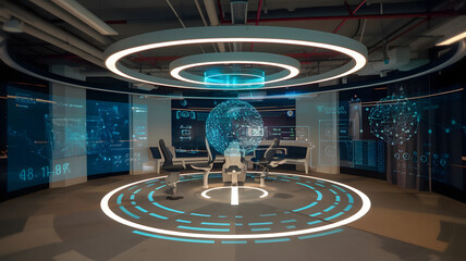 A futuristic open office space with virtual reality interfaces, holographic screens, and digital blueprints, illustrating an innovation hub.