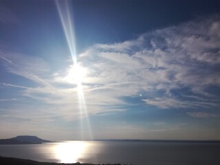 Sunrise above Lake Balaton from Balatongyorok, Hungary with silhouette of Badacsony