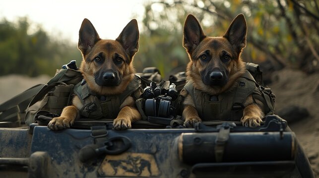 Two Adorable Puppies on a "Rambo Mission" with Action-Packed Gear, Including Miniature Bandanas, Toy Weapons, and a Determined Expression. The Scene Blends Cuteness with Playful Action